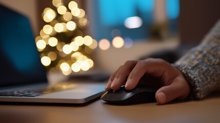 A person using a computer mouse at a desk with blurred Christmas lights in the background — combining technology with a cozy home atmosphere.