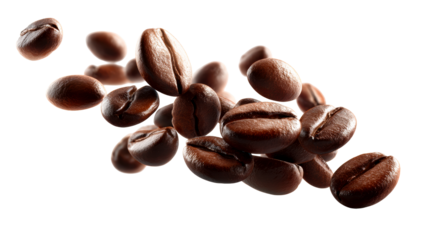 Dark Roasted Coffee Beans Cascading in Motion Against White Background, cut out transparent