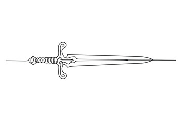 Elegant and detailed line art drawing of a medieval knight s sword with ornate hilt and sharp blade on a white background