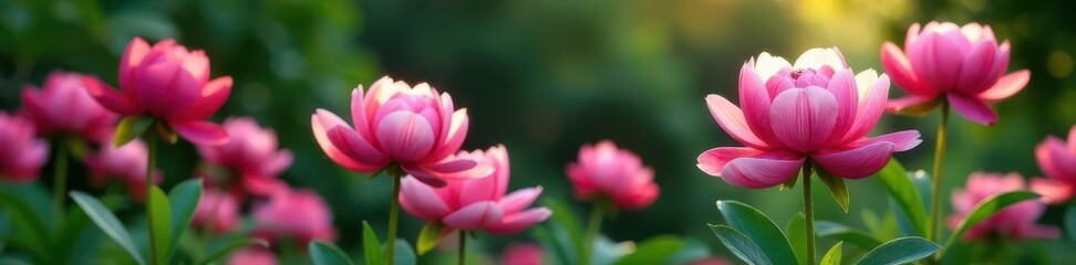 Fototapeta premium Deep pink peony blooms, lush Japanese garden backdrop, peony, garden