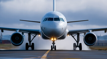 A front-facing commercial airplane prepares for takeoff or landing on a runway, with mountains in the background and lights shining from its front gear.