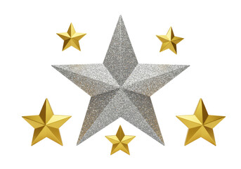 Obraz premium Isolated arrangement of festive stars: a glittering centerpiece and four golden accents