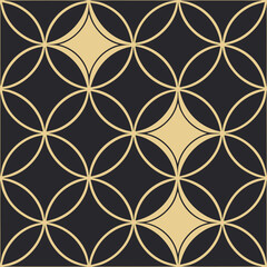 Art deco inspired geometric pattern featuring overlapping golden circles forming a diamond grid on a dark background, showcasing a luxurious and elegant visual appeal with a vintage flair