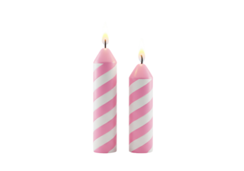 Isolated: Two celebratory candles with pink and white stripes are lit, a symbol of joy