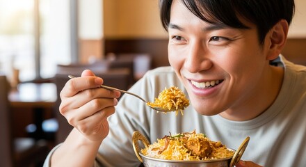 ビリヤニを美味しそうに食べる日本人男性