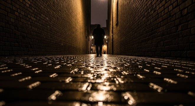 Man walking down a dark wet alleyway at night person - Powered by Adobe
