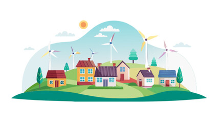 Sustainable community embracing renewable energy with wind turbines and charming houses nestled in a green landscape, symbolizing a bright eco-friendly future and a harmonious environment