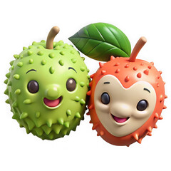 Cute cartoon spiky fruits with happy faces isolated on transparent background