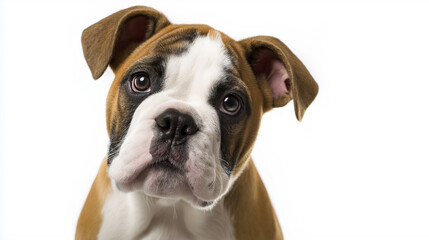 Obraz premium Close-up of a curious and innocent boxer puppy with big eyes and floppy ears, set against a white background, capturing cuteness and affection.