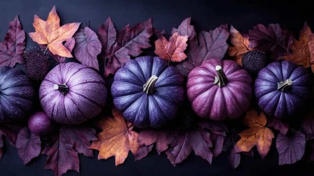 Vibrant purple pumpkins and autumn leaves against dark background. Thanksgiving, Halloween