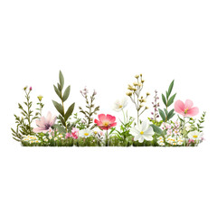 Peaceful spring landscape with wildflowers, green grass, and delicate leaves, featuring pink, white, and yellow blossoms in natural outdoor setting