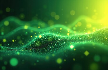 Abstract background of flowing green digital waves, aglow with neon lights, scattered particles. Features futuristic technology themes with sleek, modern design, evoking cyber, network concepts,