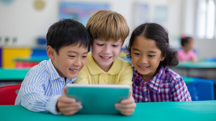 A diverse group of four young children smiling and engaging with a tablet device, suggesting digital learning, fun apps, or educational games in a collaborative environment.