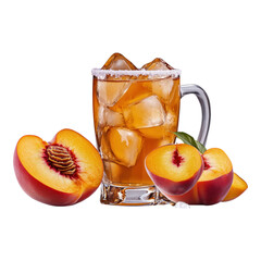 Peach iced tea with sugar rim glass ice cubes fresh peach juicy sweet refreshing summer drink fruit beverage isolated vibrant