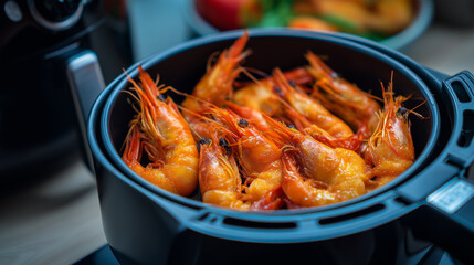 Crispy breaded shrimp cooked in an air fryer, served hot and garnished with herbs, showcasing healthy, oil-free seafood preparation.