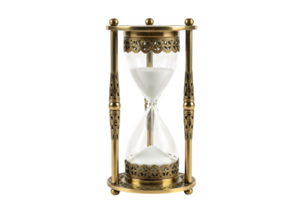 Elegant vintage brass hourglass with white sand isolated on transparent background, a timeless symbol of fleeting moments and the passage of time