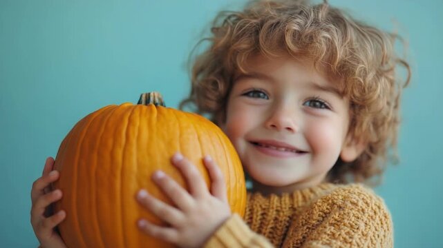 Happy caucasian child holding pumpkin with curly hair and blue eyes against blue background. Halloween, All Hallows Eve, Samhain - Spooky Holiday Season, Fall Festival Celebration