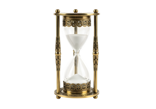 Elegant vintage brass hourglass with white sand isolated on transparent background, a timeless symbol of fleeting moments and the passage of time