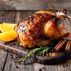 A whole roasted chicken is presented on a wooden board. The chicken has golden-brown, glossy skin. The head of the chicken is tied with twine
