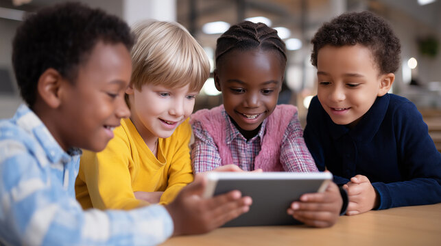 A diverse group of four young children smiling and engaging with a tablet device, suggesting digital learning, fun apps, or educational games in a collaborative environment.