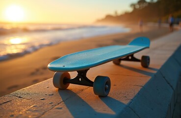 Blue skateboard rests on beachside walkway, ocean waves crash ashore during golden hour sunset. Warm sunlight casts long shadows on paved path. Relaxing summer scene offers quiet coast exploration,