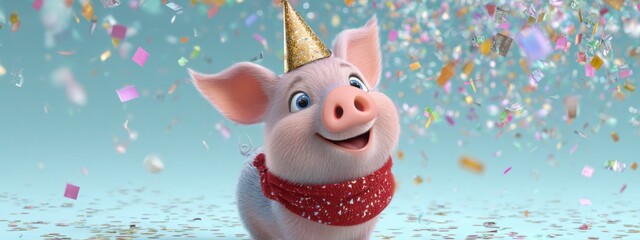 Joyful pig celebrates with confetti and party horn on pastel blue ground