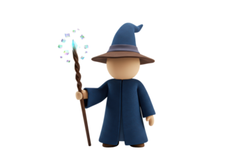 Isolated wizard character casts a spell from his magic staff, sorcerer costume