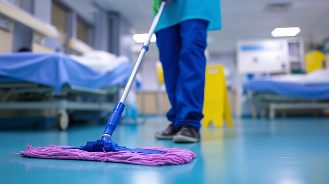 Janitor mopping the hospital floor in a clean and sterile environment, highlighting hygiene, sanitation, and cleanliness in medical facilities.