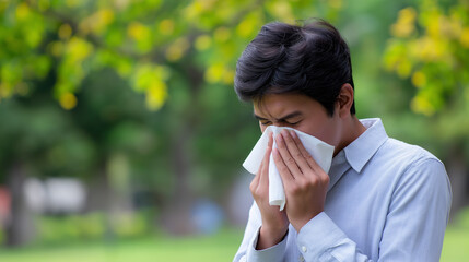 Young man sneezing into tissue outdoors, possibly suffering from seasonal allergies, cold, or flu, surrounded by blooming trees or plants.