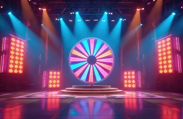 Vibrant stage features spinning wheel with flashing lights. Colorful letters, dramatic spotlights create exciting, energetic atmosphere for game shows, prize. Bright, abstract graphic presentation.