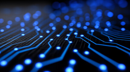 Close-up view of a glowing blue circuit board pattern, symbolizing modern technology, electronics, and digital communication.