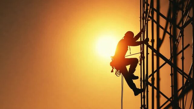 Silhouette of a Climber Ascending: A silhouette of a climber boldly ascends a towering structure under the golden hues of the sun, evoking a sense of adventure, ambition.