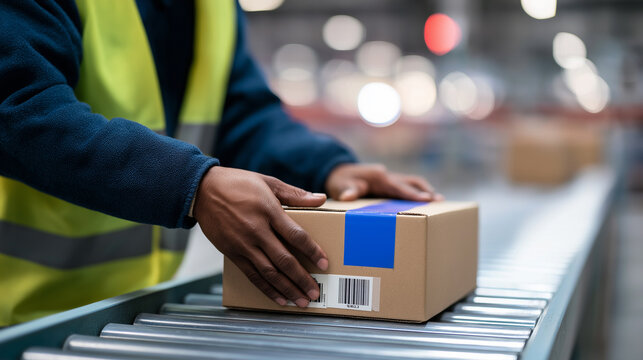 A worker in a high-visibility vest is placing a cardboard package with a barcode on a conveyor belt in a warehouse or distribution center, symbolizing logistics, delivery, and supply chain operations.