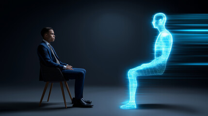 Businessman in suit sitting face-to-face with digital holographic avatar in dark room.