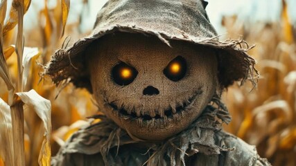 Creepy scarecrow in cornfield with glowing eyes on an autumn day. Halloween, All Hallows Eve, Samhain - Spooky Holiday Season, Fall Festival Celebration - Powered by Adobe
