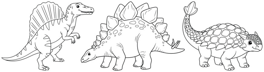 Dinosaur vector illustration of spinosaurus and stegosaurus in cartoon style, designed as prehistoric reptiles for coloring pages and children’s projects