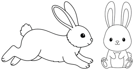 Rabbit outline vector illustration of cute bunny designs including a sitting bunny and a playful running rabbit created in clean black line art