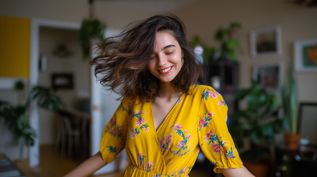 A young woman with shoulder-length brown hair is smiling joyfully while spinning. She is wearing a bright yellow floral dress and standing in a cozy, plant-filled living room. - Powered by Adobe