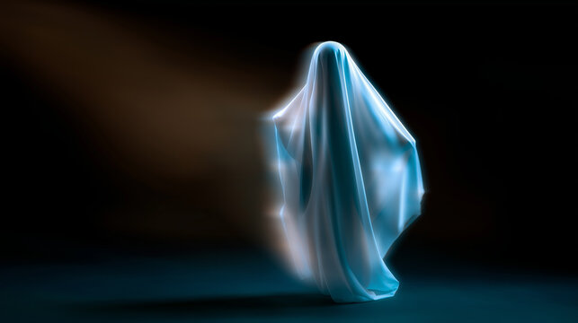 A ghostly figure draped in a white sheet hovers in a dark environment with a beam of blue light illuminating it from the side. The scene evokes a spooky, mysterious, and supernatural vibe.