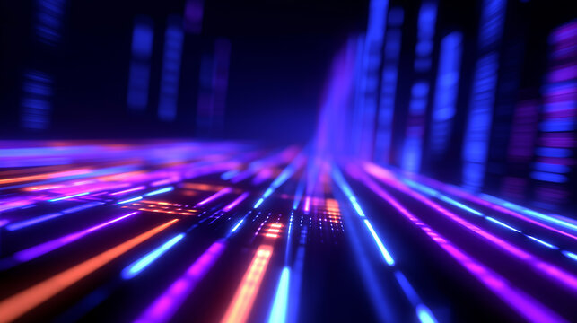 Dynamic streaks of colorful neon light moving through a dark background, representing high-speed data flow and futuristic technology.