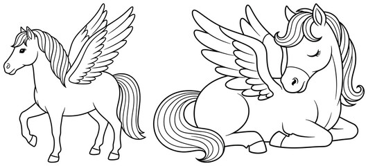 Unicorn illustration featuring three fantasy winged characters in vector style designed as outlined cartoon line drawings for creative projects