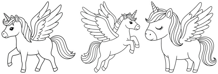 Unicorn illustration with two cartoon designs in vector style featuring a resting pose and a winged sleeping character created as outlined line art