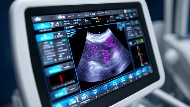 Closeup of ultrasound scan revealing earlystage NASH indicators in liver with medical equipment blurred illustrating disease linked to high ultraprocessed diet.