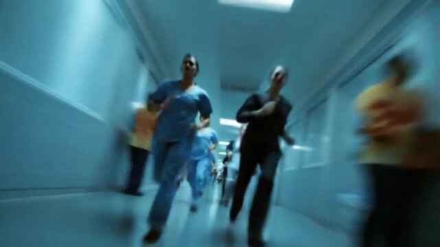 Race against Time: Medical staff urgently race down a hospital corridor, their expressions mirroring a sense of urgency and commitment. The scene depicts the gravity of healthcare emergency.