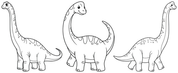 Brontosaurus dinosaur vector illustration in cartoon outline style featuring three cute long neck dinosaurs designed for kids and educational projects