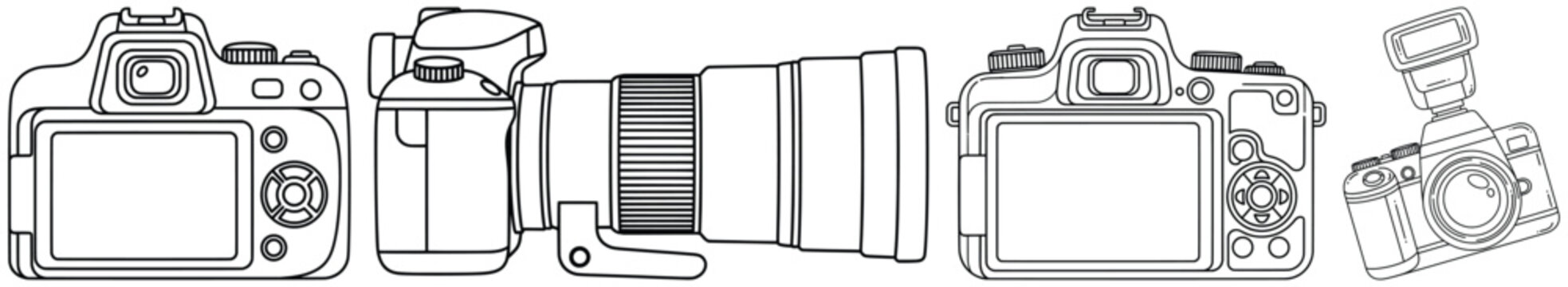 Camera illustration with four cartoon vector designs including DSLR and mirrorless models shown from front and back views drawn as clean outlined line art
