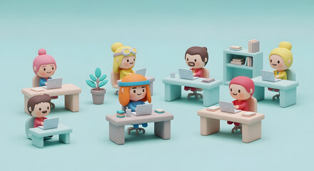 A diverse group of stylized cartoon figures diligently work on laptops at individual desks in a modern, collaborative office environment.
