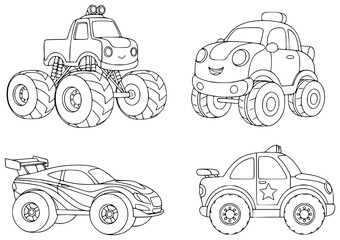 Car illustration with four cartoon vehicles in vector style including monster truck, race car, police car and happy compact car outlined as line art © Crafter