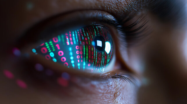 A close-up of a human eye with multicolored digital code reflected on the cornea, symbolizing technology, cybersecurity, or human-machine interaction.