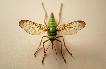 Macro photo of green adult Caddisfly insect with transparent wings. Arthropod delicate vein patterns, long antennae, segmented body. Known for aquatic life stages, bug detail of natural fauna,